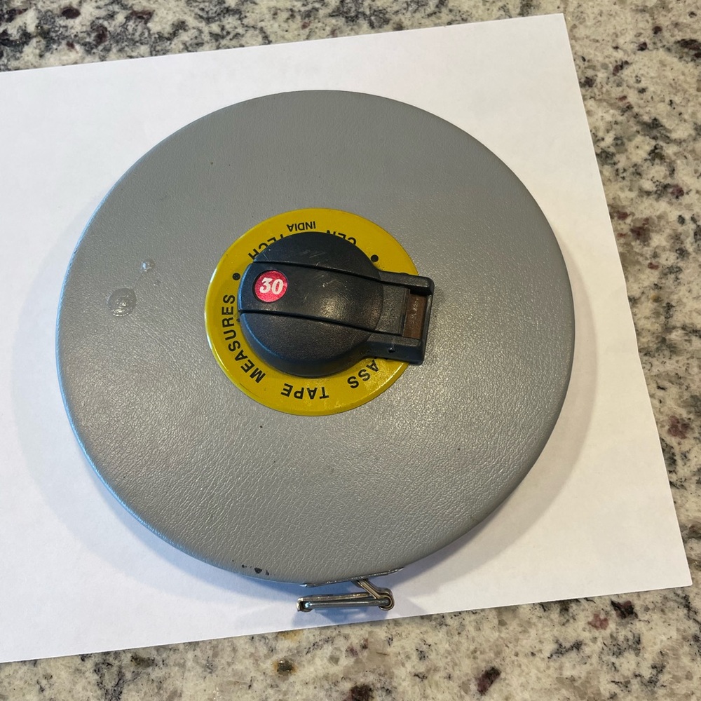 Vintage 30ft Round Steel Tape Measure in Gray and Yellow